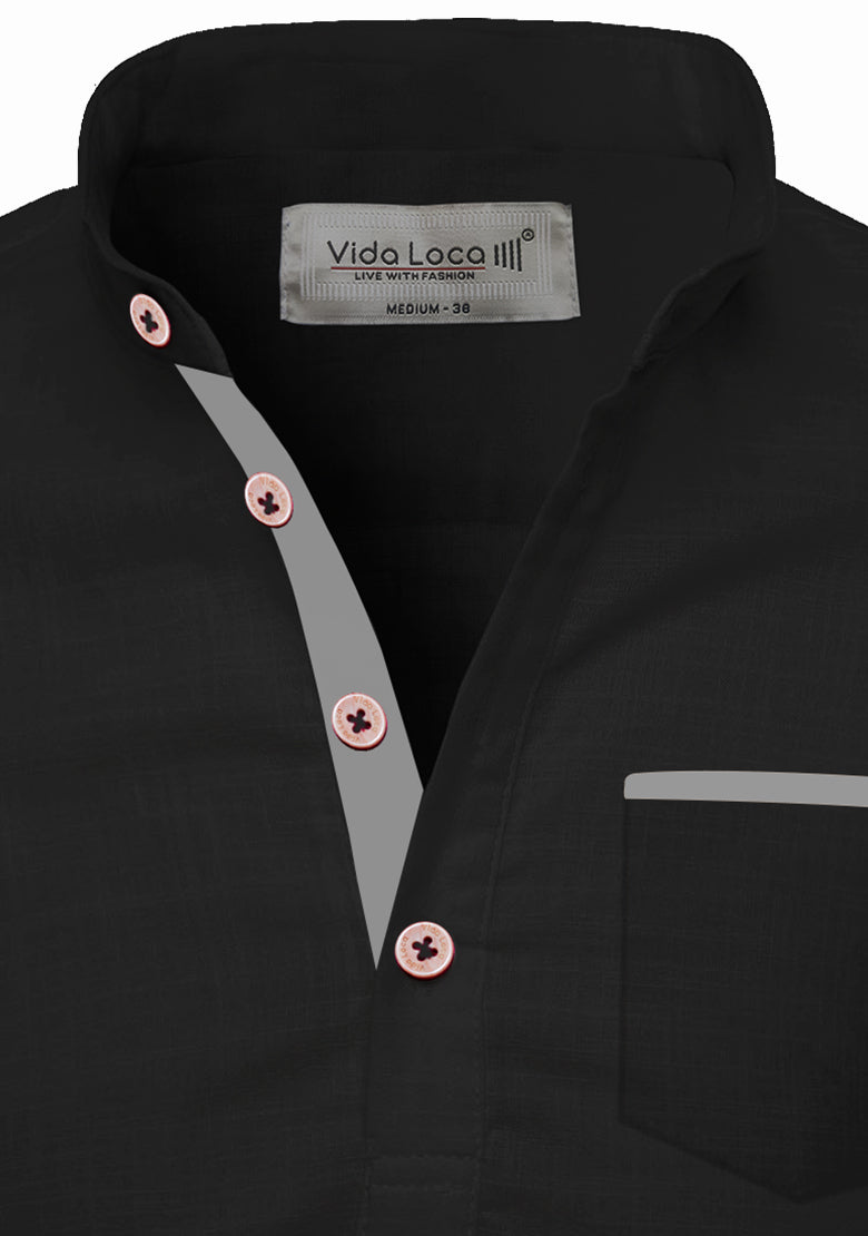BLUE ROBED men's Casual Slim Fit Full Sleeve Pocket Contrast Kurta in Black view 14