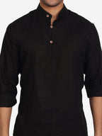 BLUE ROBED Men Double Button Slim Fit Casual Kurta in Black view 19