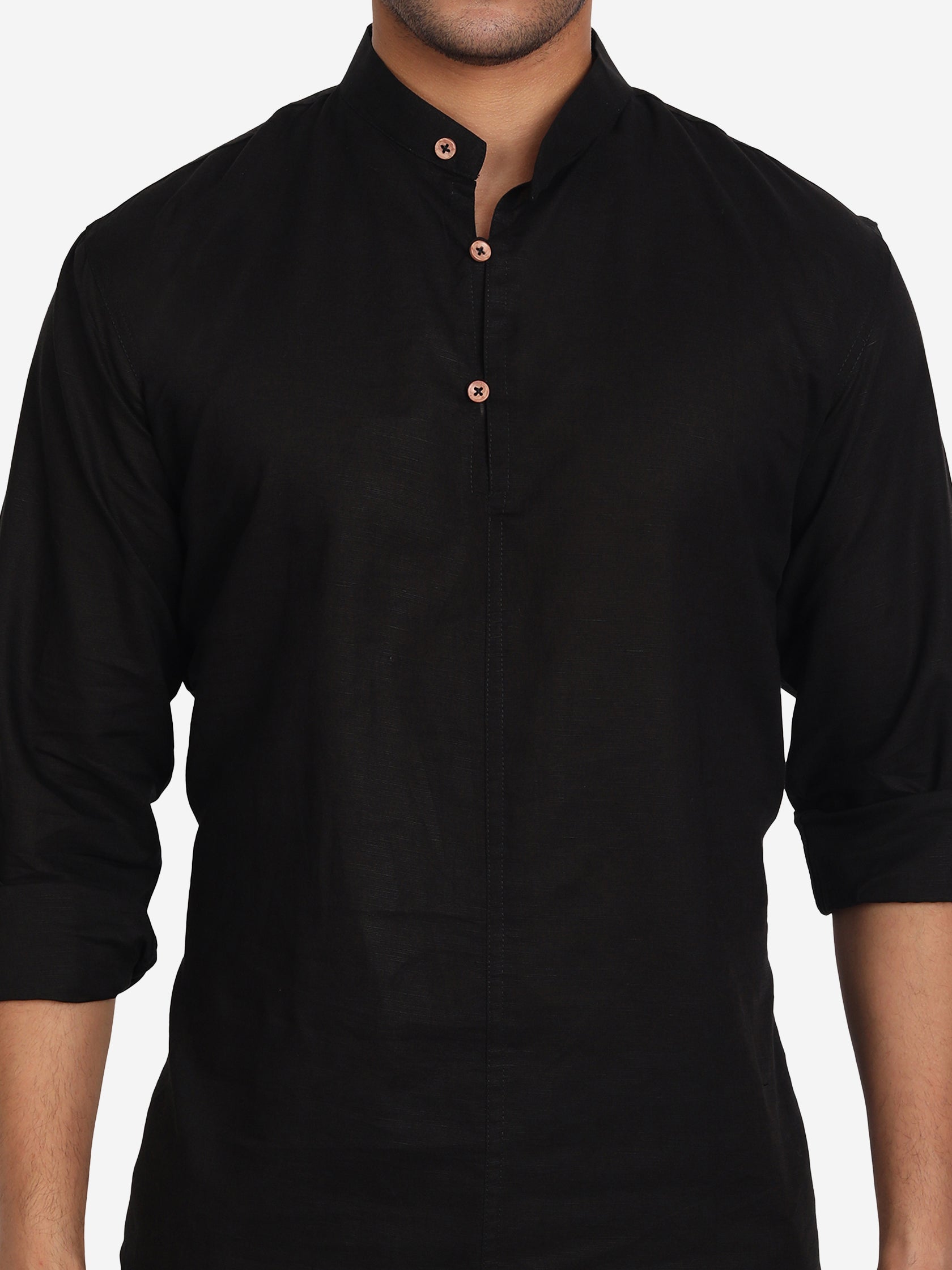 BLUE ROBED Men Double Button Slim Fit Casual Kurta in Black view 19