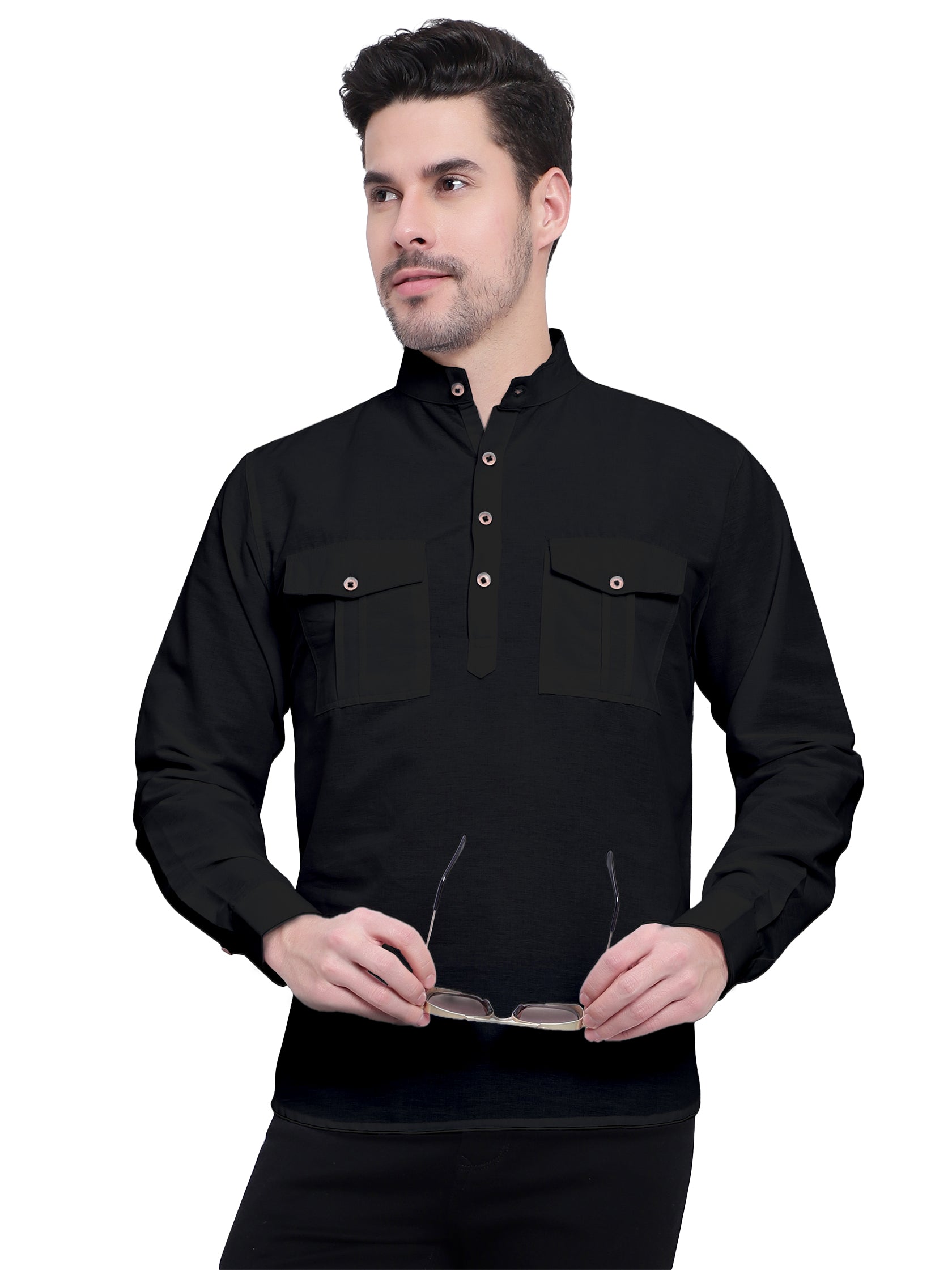 BLUE ROBED men's Casual Slim Fit Full Sleeve Double Pocket Cotton Kurta in Black view 30