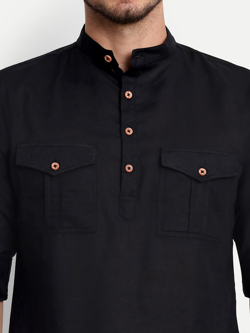 BLUE ROBED men's Casual Slim Fit Full Sleeve Double Pocket Cotton Trendy Kurta in Black view 39