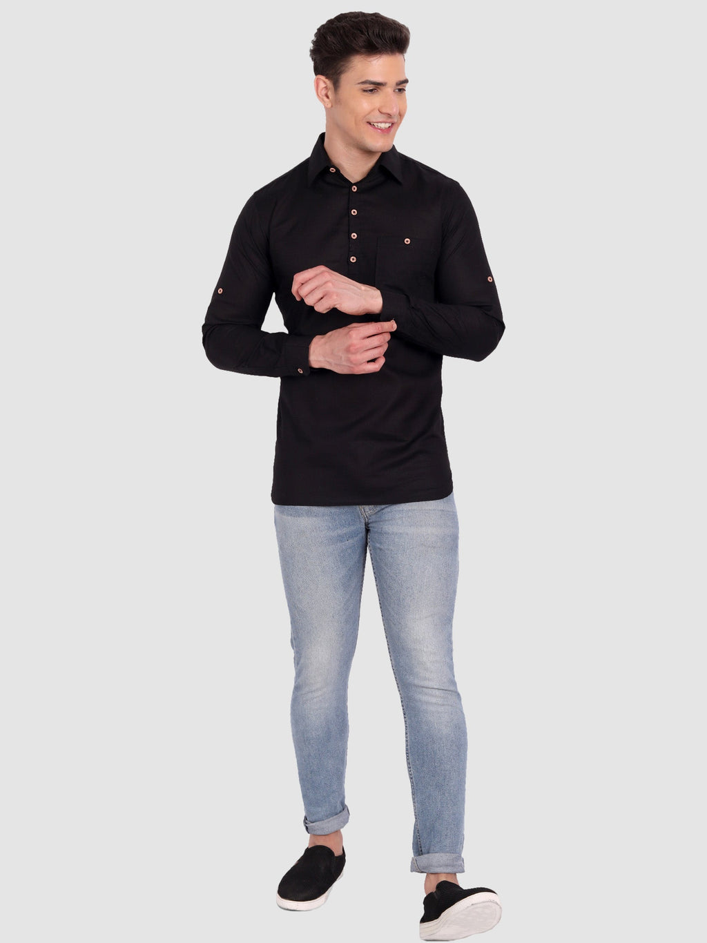 BLUE ROBED men's Full Sleeve Casual Cotton Kurta in Black style A view 25