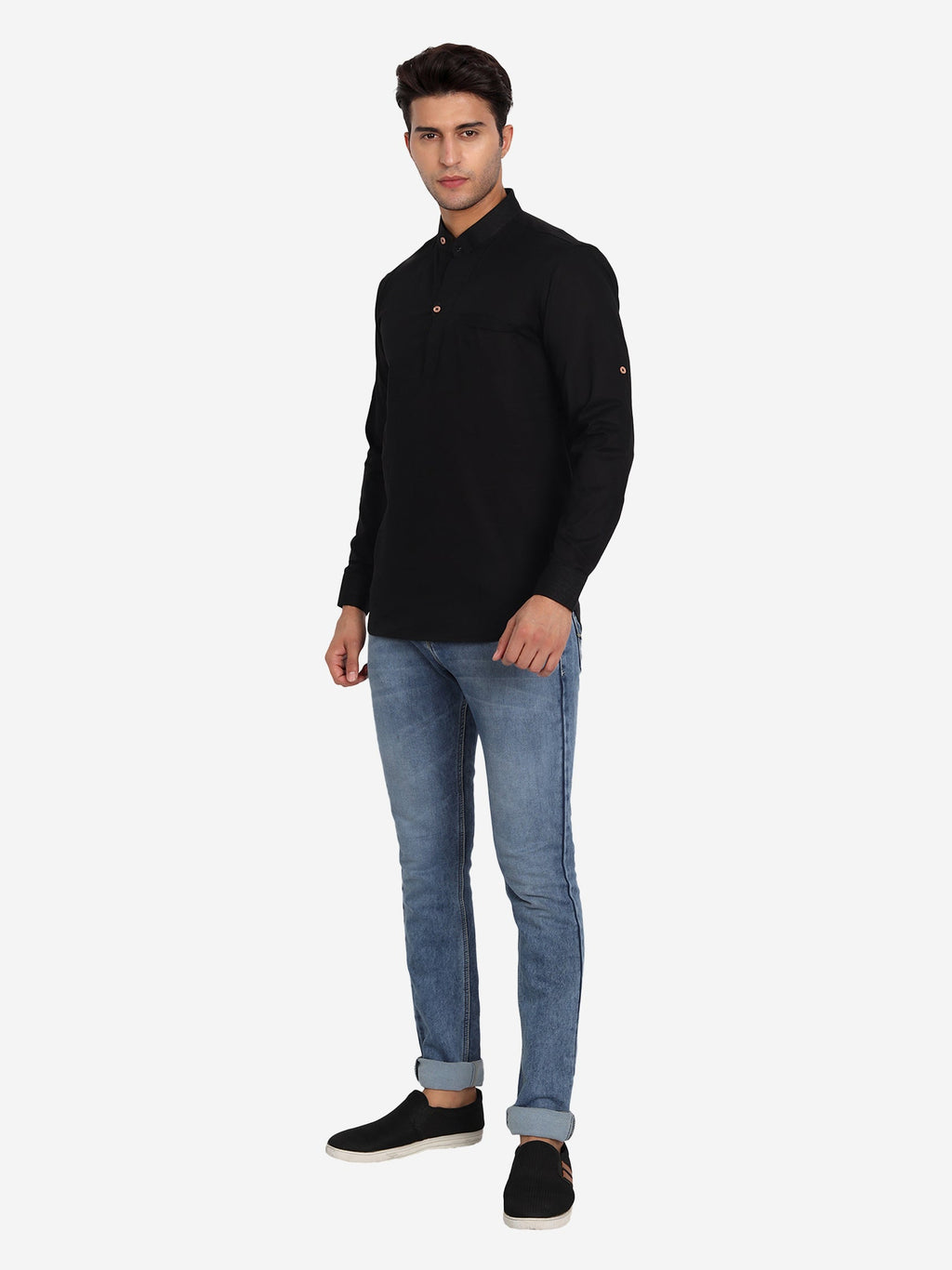 BLUE ROBED Men Pure Cotton Broad Placket Short Kurta in Black view 18