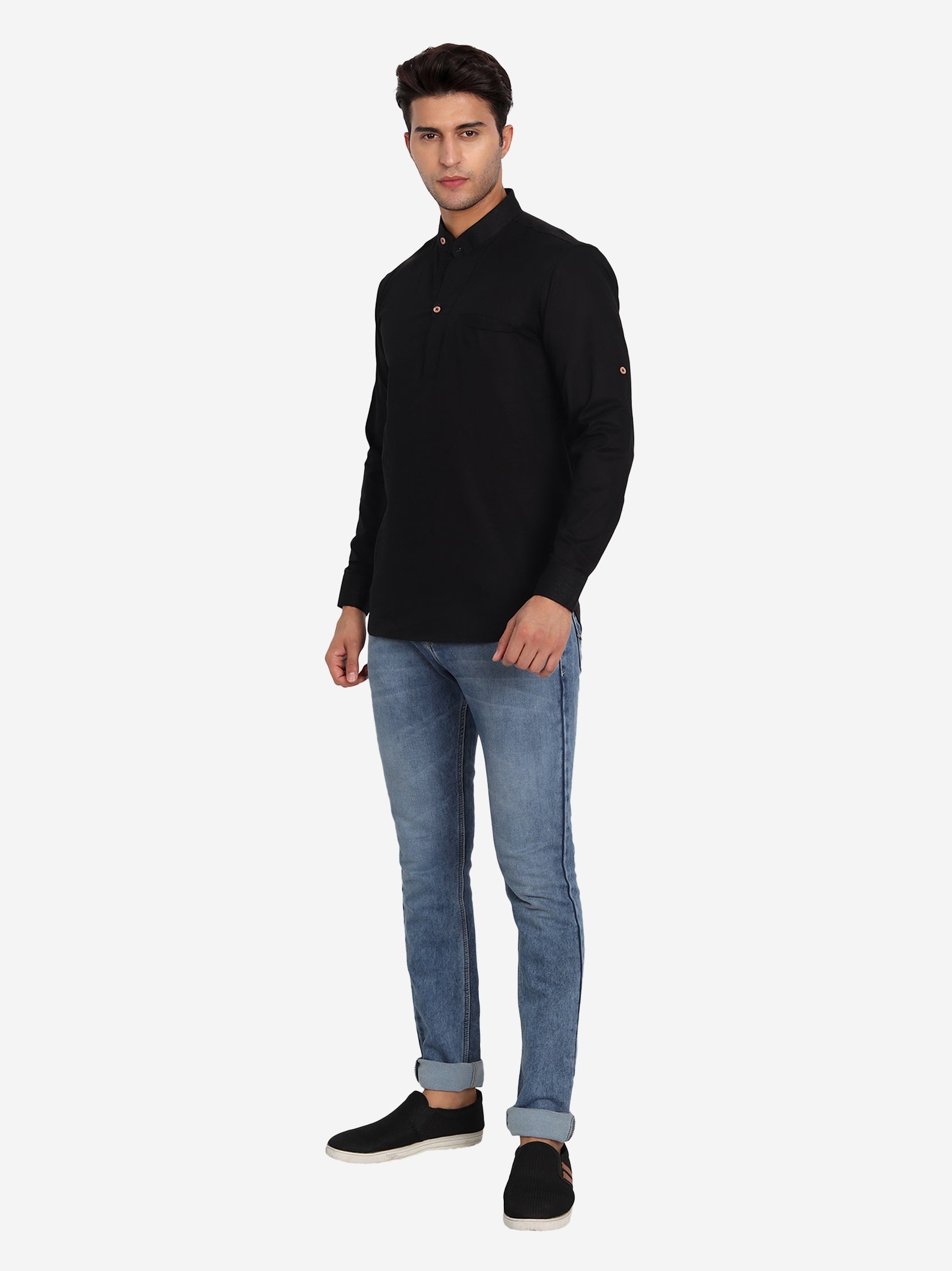 BLUE ROBED Men Pure Cotton Broad Placket Short Kurta in Black view 18