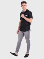 Men's Casual Half Sleeve Silver Button Shirt in Black by BLUE ROBED, side view