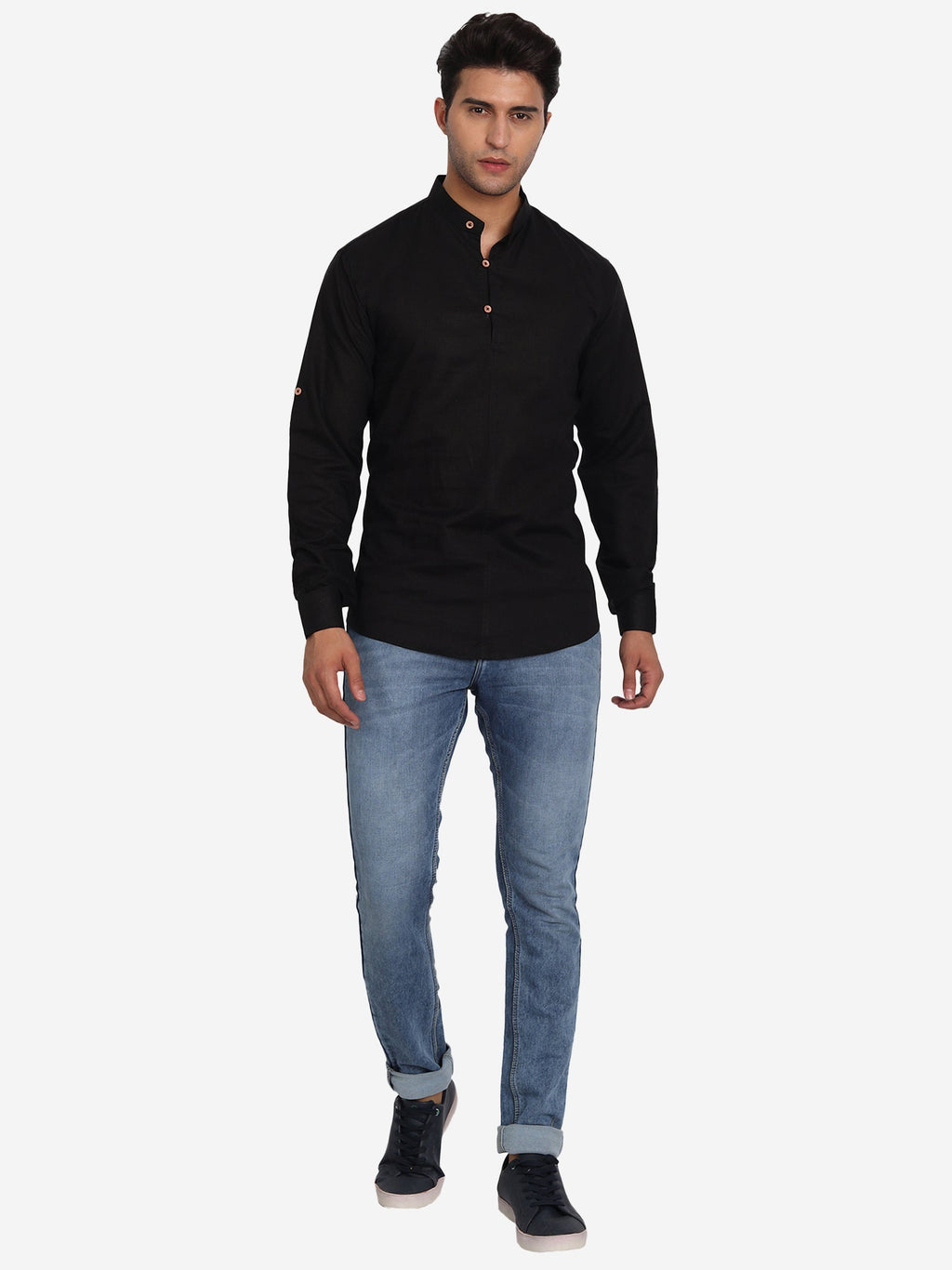 BLUE ROBED Men Double Button Slim Fit Casual Kurta in Black view 20