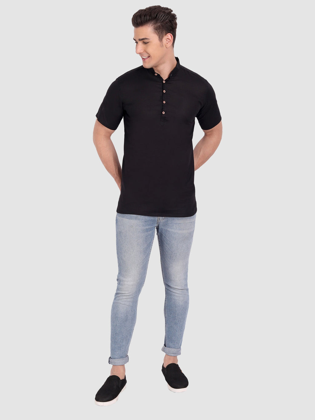 BLUE ROBED men's Half Sleeve Casual Cotton Kurta Daily Wear in Black view 15