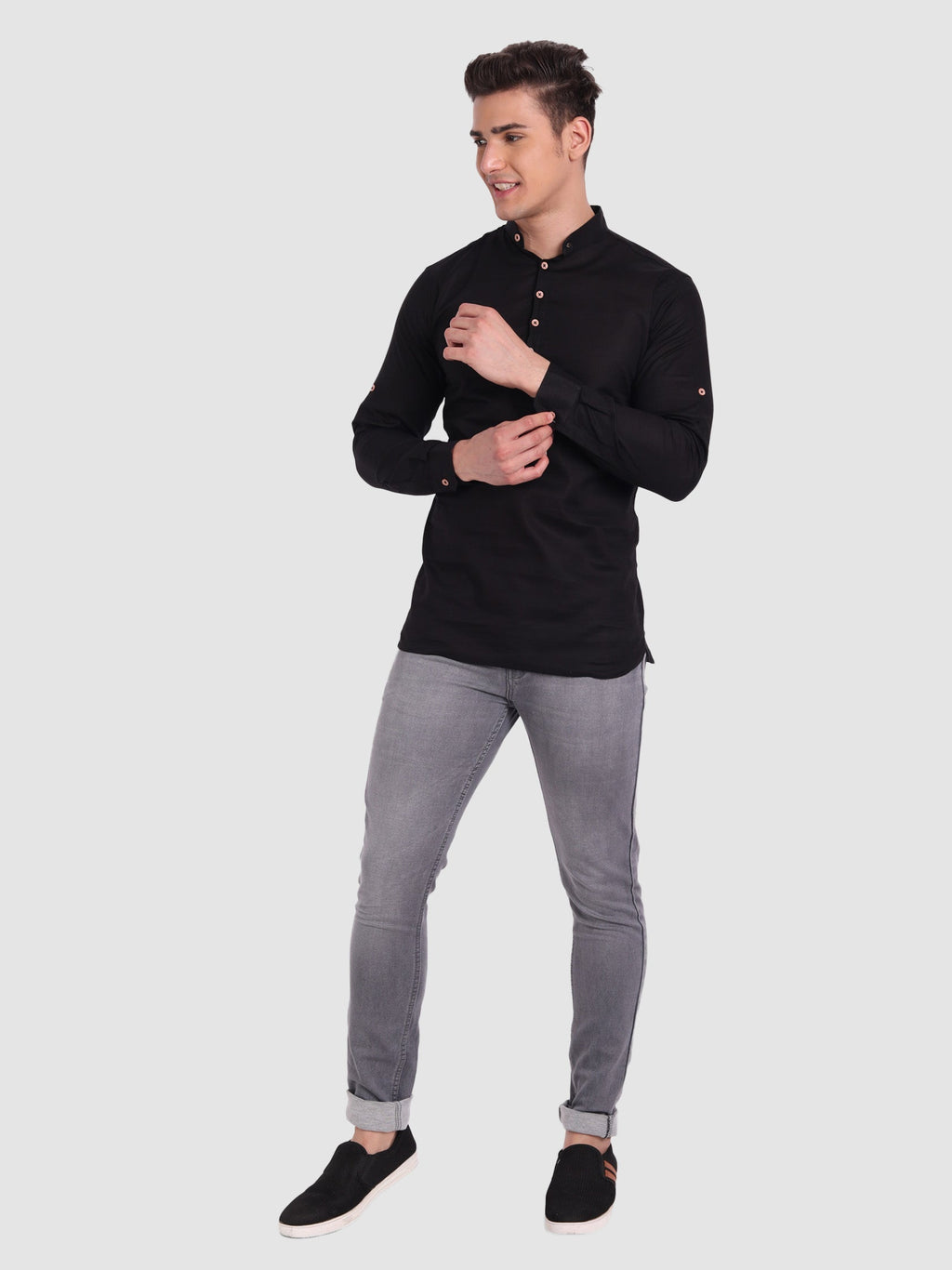 BLUE ROBED men's Casual Slim Fit Full Sleeve Cotton Kurta in Black view 42