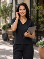 Women's Two Piece Set, Black, V-Neck Top with Wide Leg Trousers, Short Sleeve