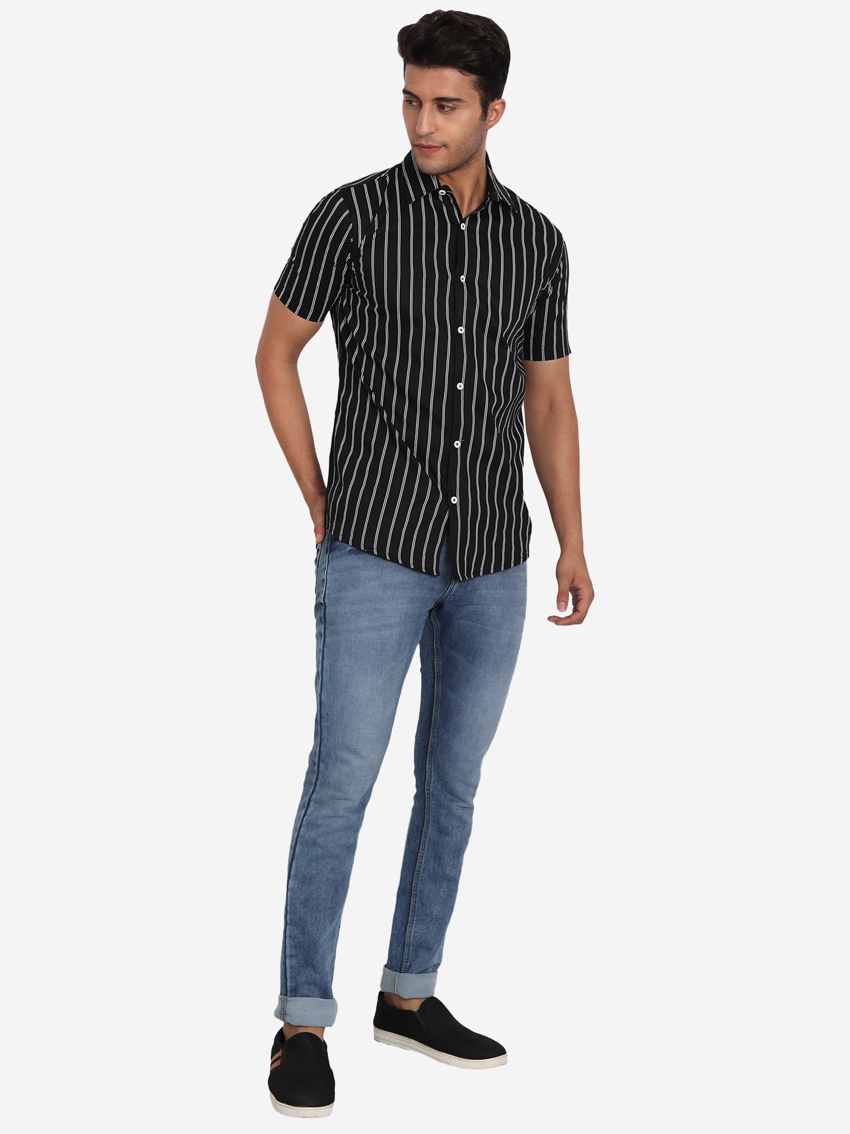 Men's Double Strip Half Sleeve Shirt in Black by BLUE ROBED, detail view