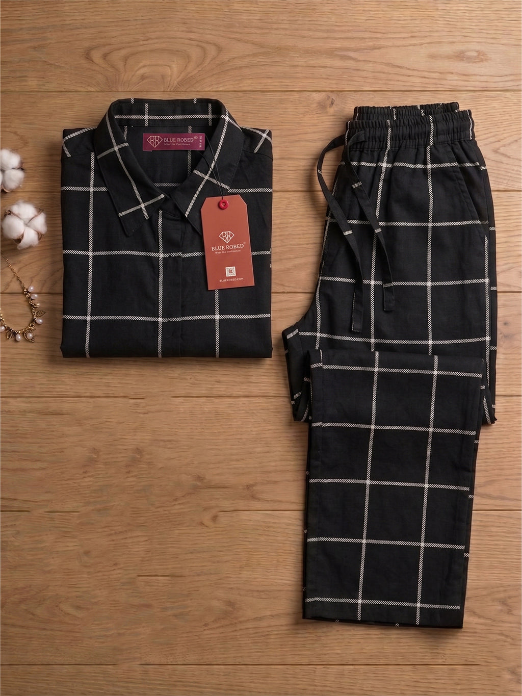 Women's Two Piece Set, Baby Black, Shirts with Wide Leg Trousers, Full Sleeve