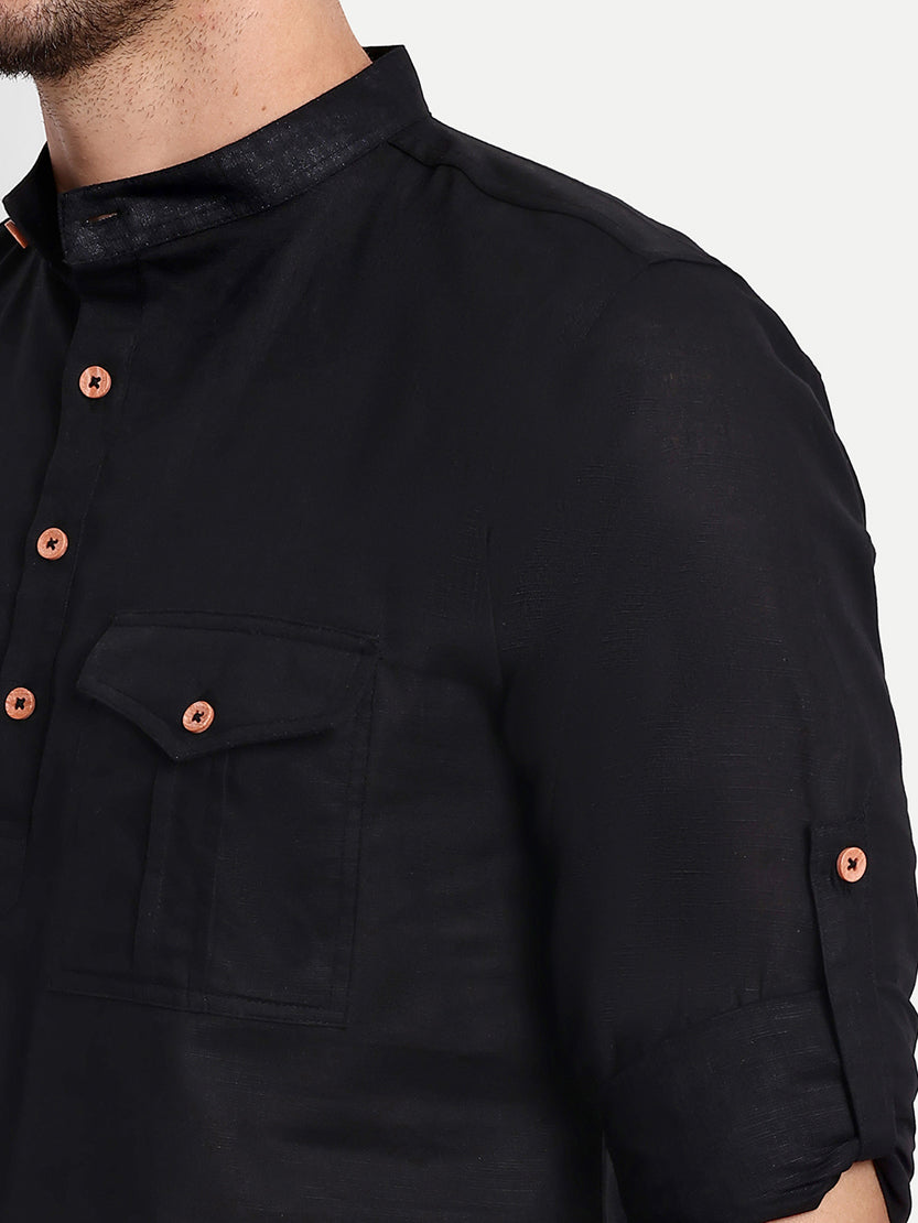 BLUE ROBED men's Casual Slim Fit Full Sleeve Double Pocket Cotton Trendy Kurta in Black view 40