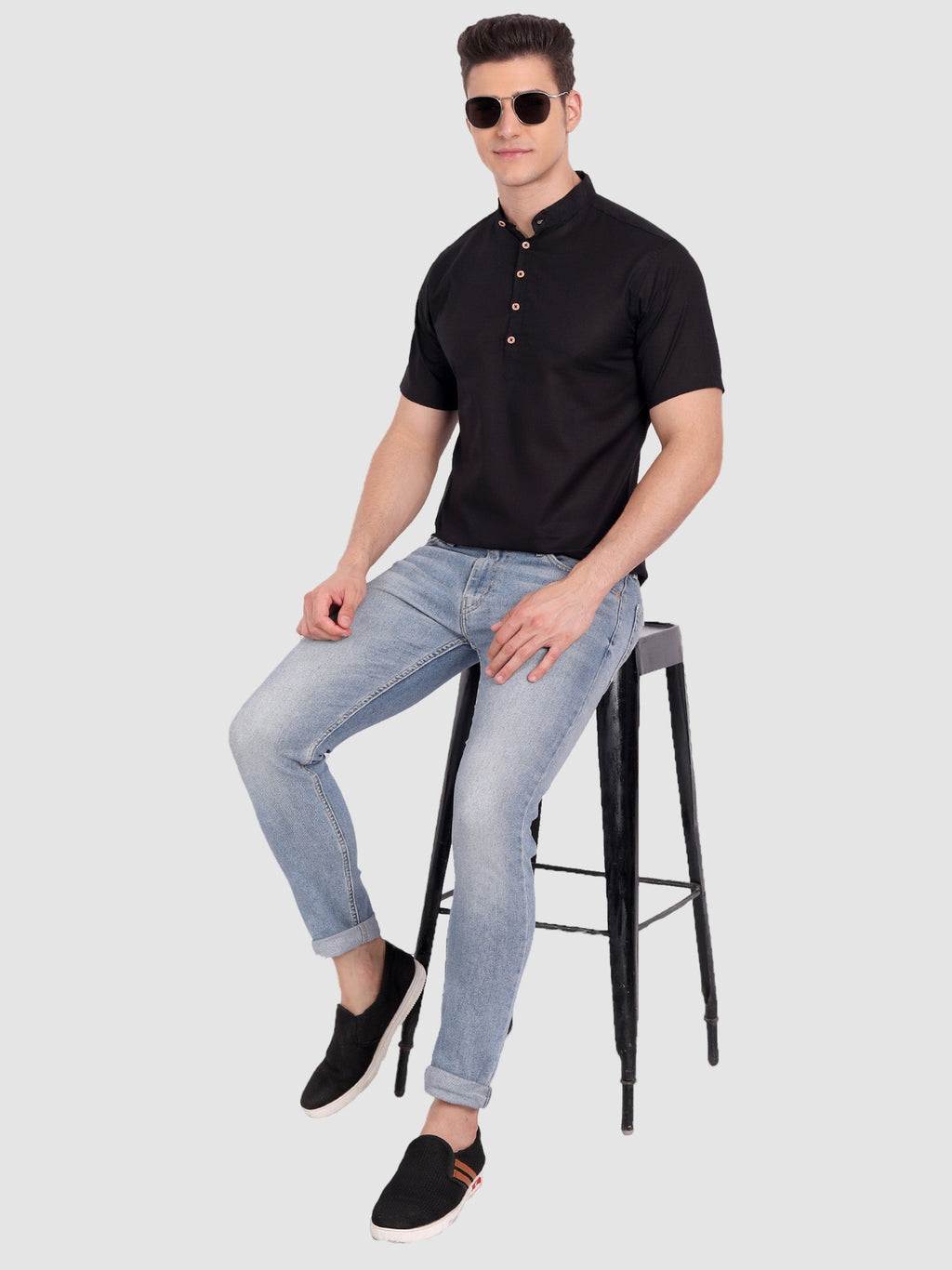 BLUE ROBED men's Half Sleeve Casual Cotton Kurta Daily Wear in Black view 16