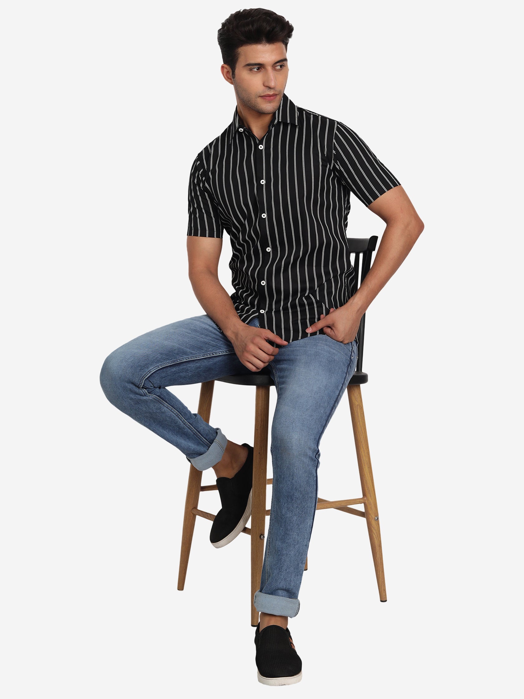 Men's Double Strip Half Sleeve Shirt in Black by BLUE ROBED, style view