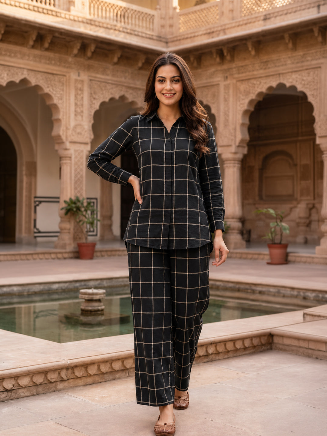 Women's Two Piece Set, Baby Black, Shirts with Wide Leg Trousers, Full Sleeve Main image