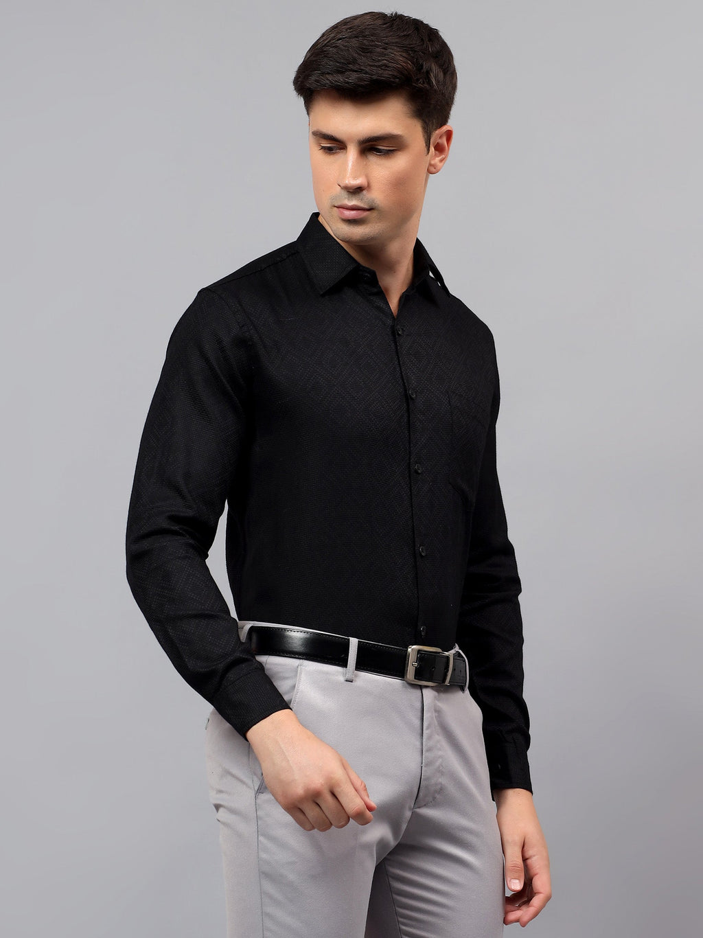 Men's Full Sleeve Spread Collar Premium Casual Shirt for Men in Black by BLUE ROBED, fit view