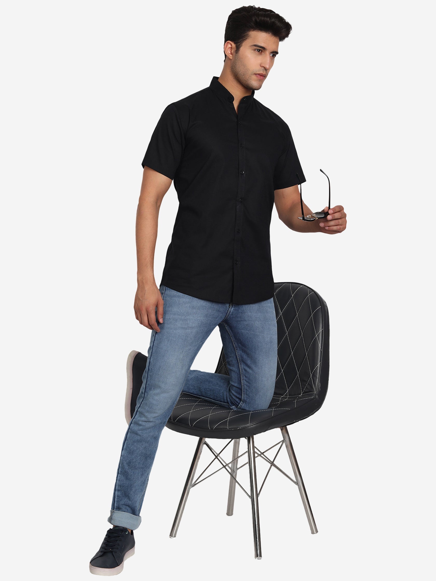 Men's Pure Cotton Mandarin Collar Casual Half Sleeve Shirt in White by BLUE ROBED, back view