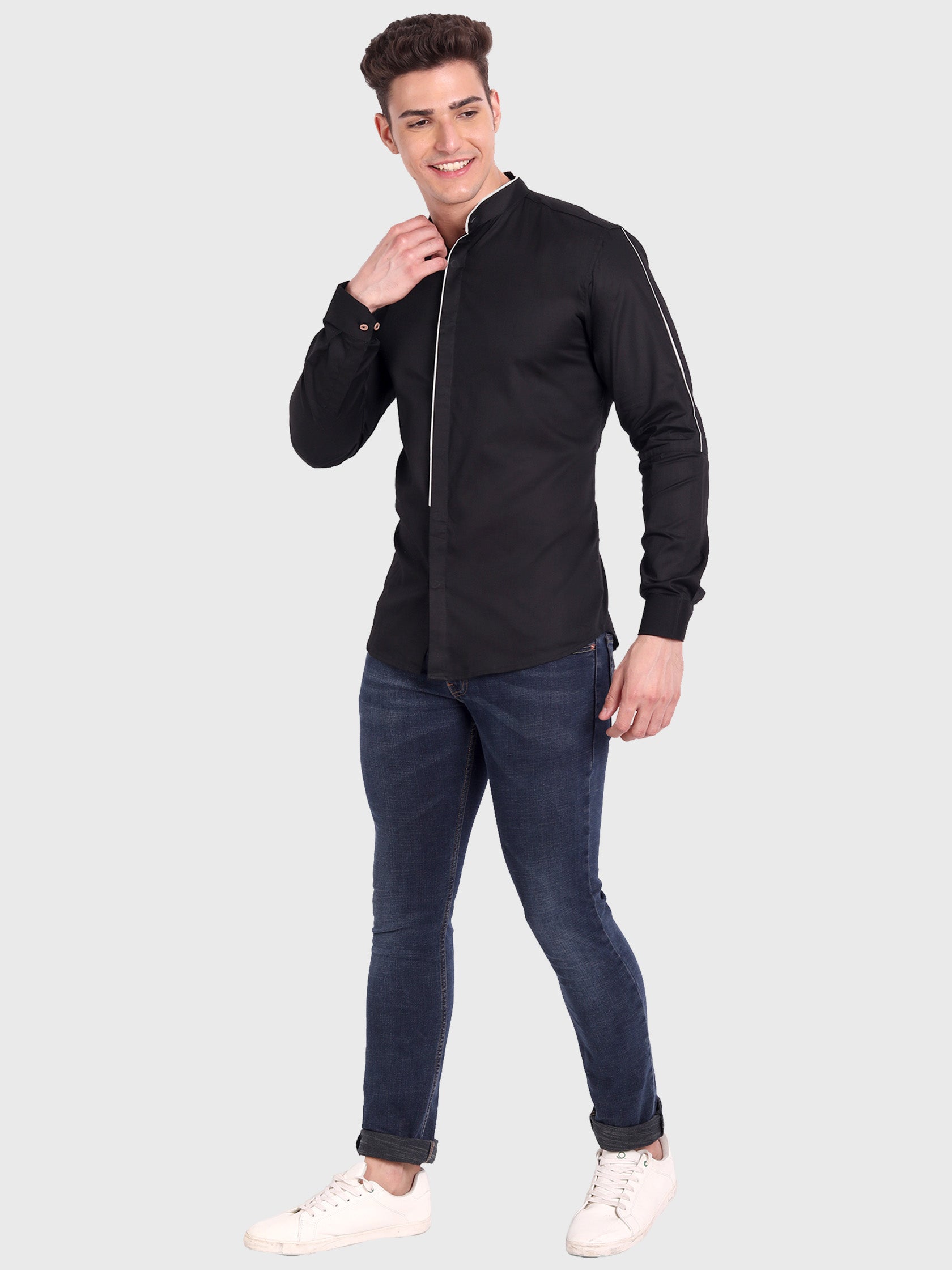 Men's Shoulder Piping Full Sleeve Shirt in Black by BLUE ROBED, style view