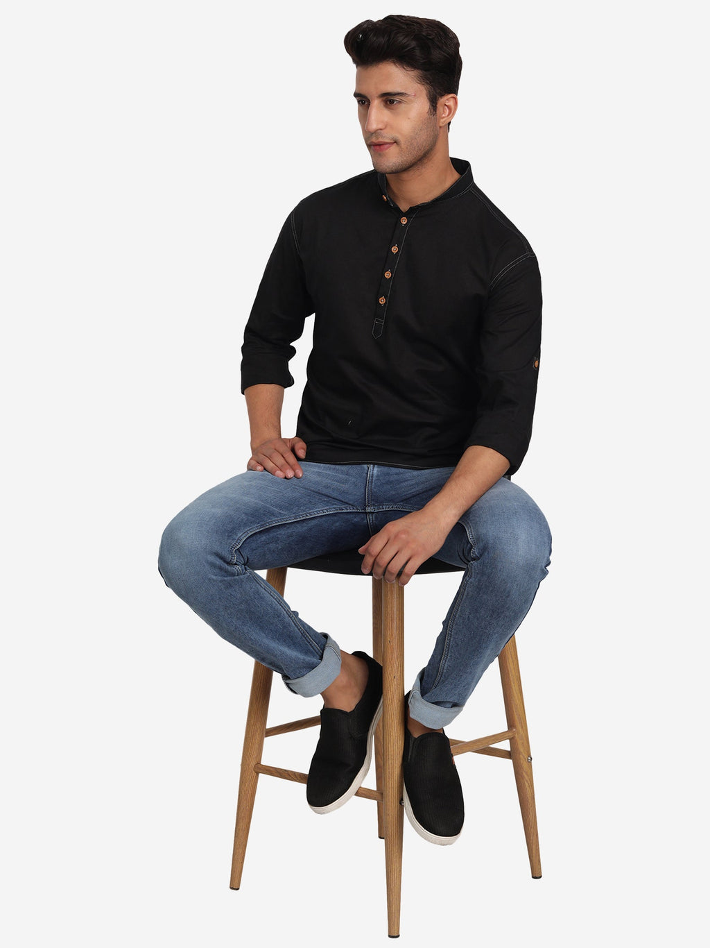 BLUE ROBED Men Cotton Slim Fit Short kurta in Black view 6
