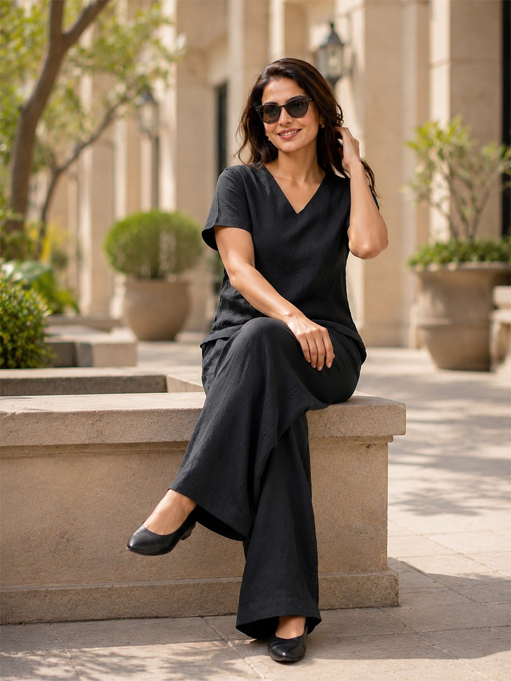Women's Two Piece Set, Black, V-Neck Top with Wide Leg Trousers, Short Sleeve