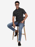 Men's Double Strip Half Sleeve Shirt in Black by BLUE ROBED, fit view