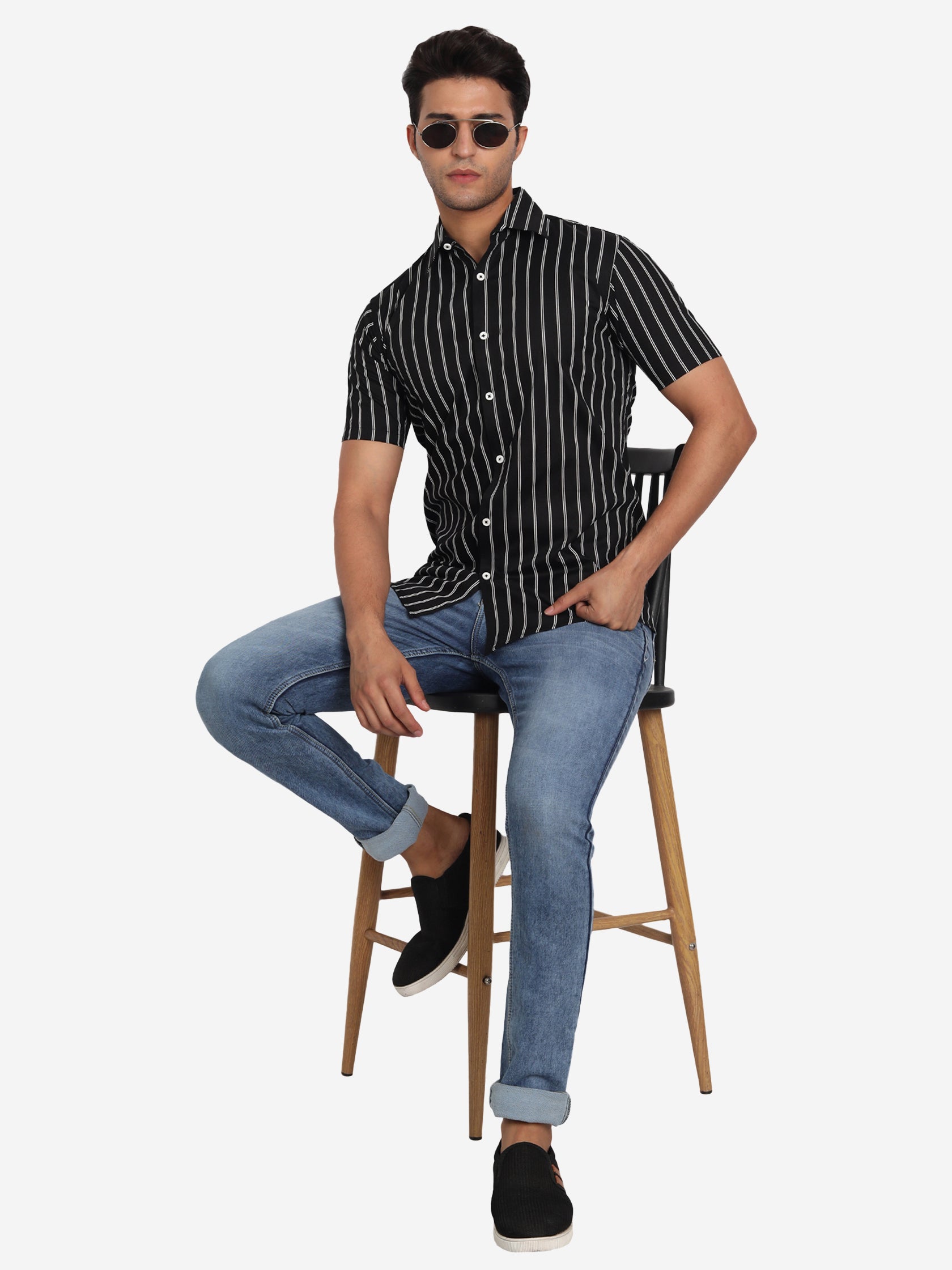 Men's Double Strip Half Sleeve Shirt in Black by BLUE ROBED, fit view