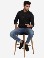 BLUE ROBED Men Cotton Slim Fit Short kurta in Black view 7
