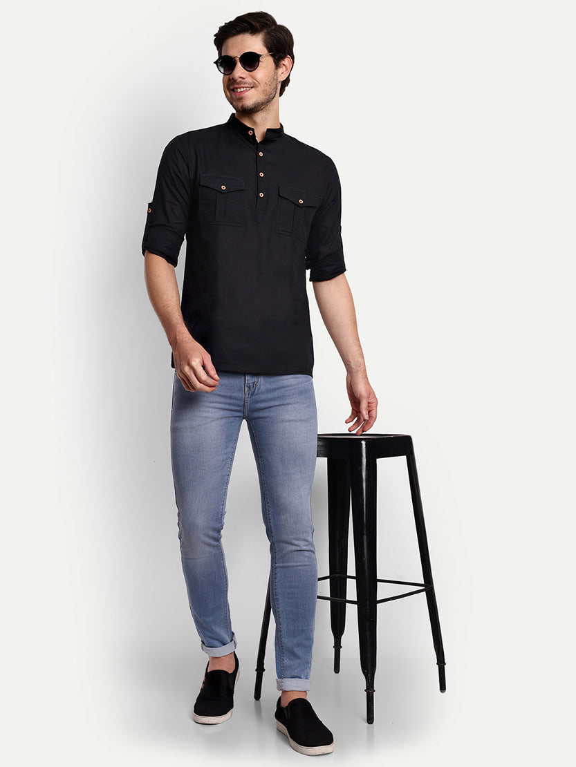 BLUE ROBED men's Casual Slim Fit Full Sleeve Double Pocket Cotton Trendy Kurta in Black view 41