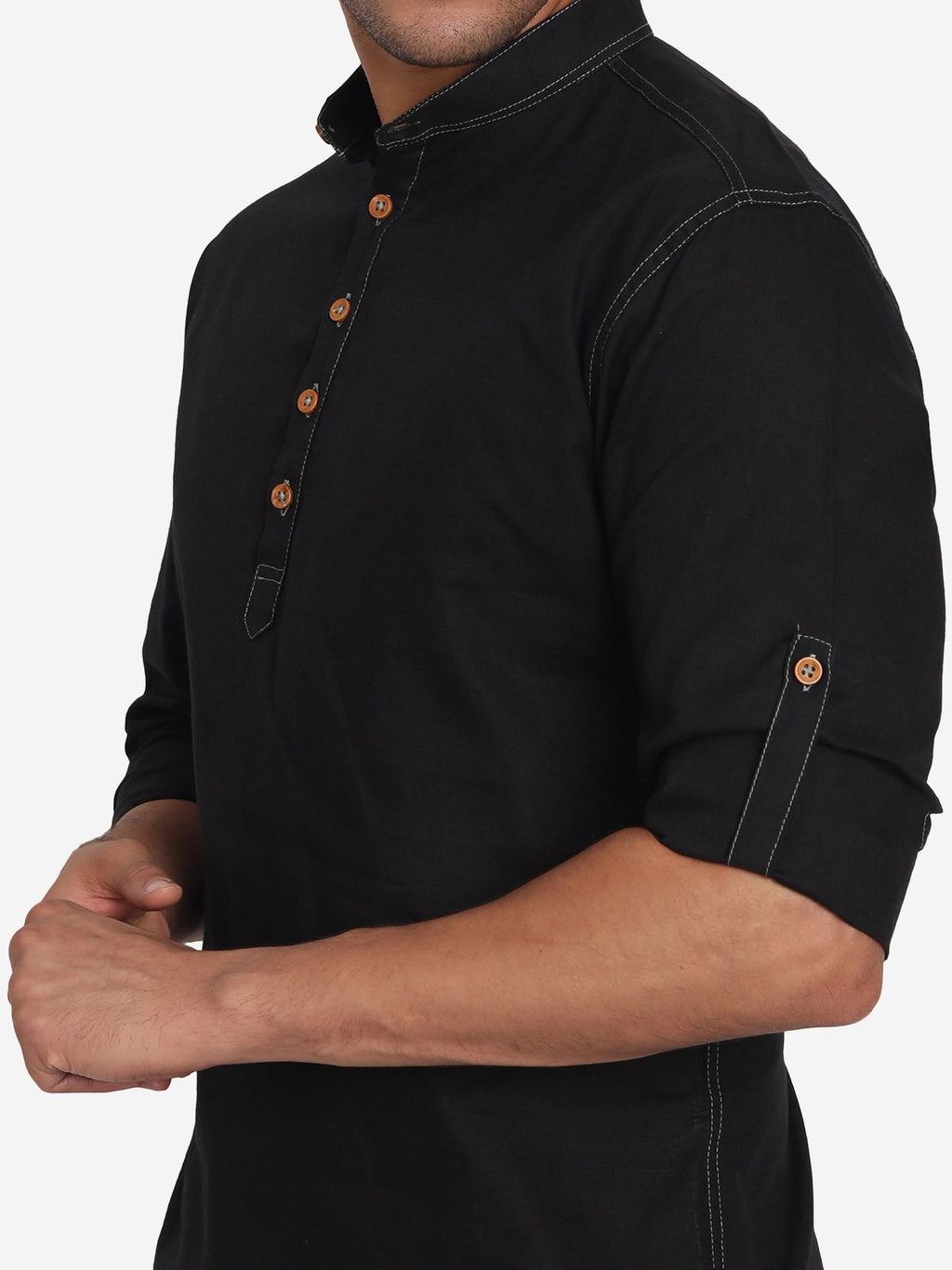 BLUE ROBED Men Cotton Slim Fit Short kurta in Black view 8