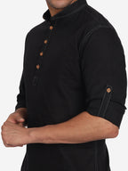BLUE ROBED Men Cotton Slim Fit Short kurta in Black view 8