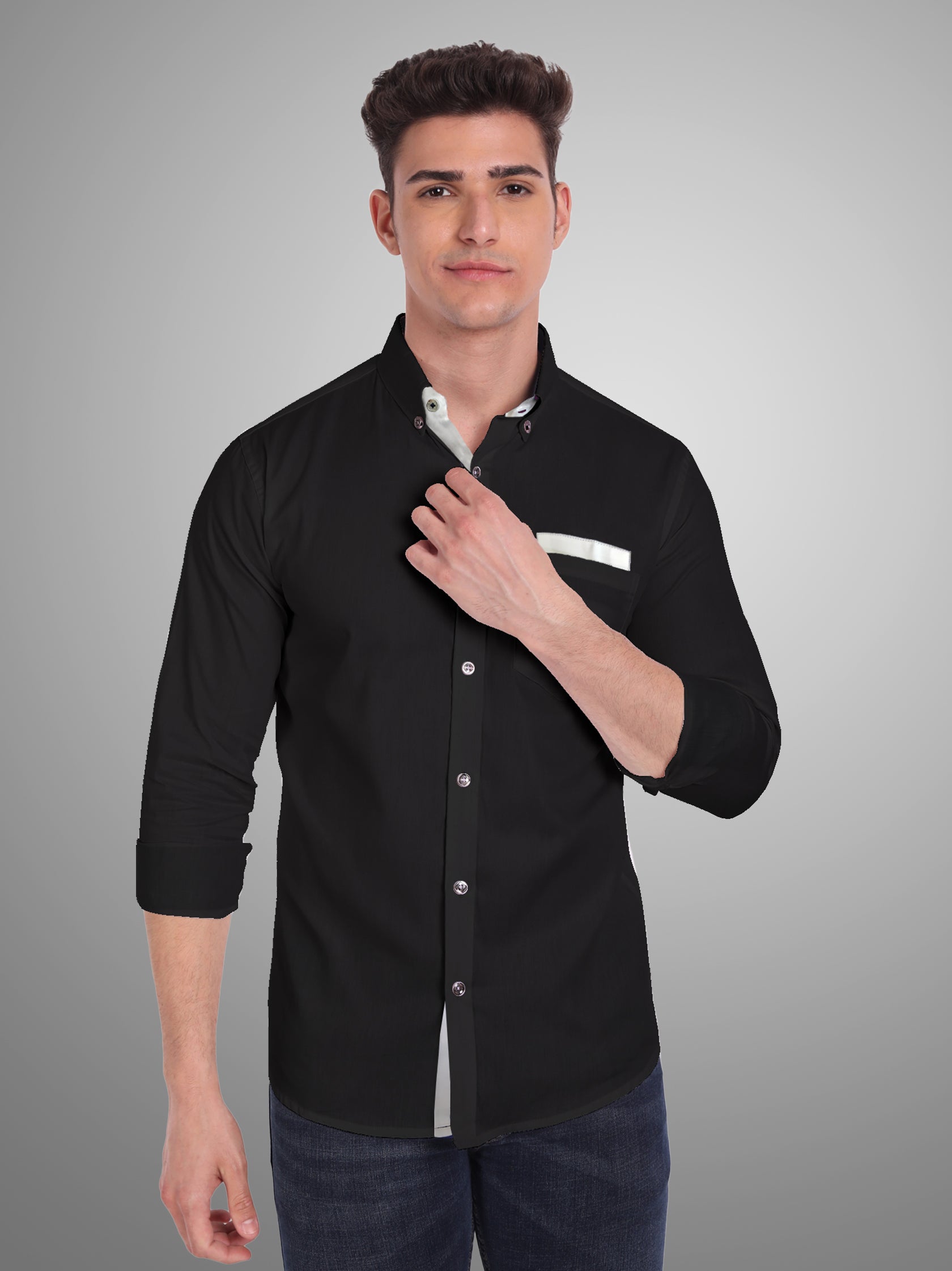 Men's Casual Full Sleeve Silver Button Shirt in White by BLUE ROBED, style view