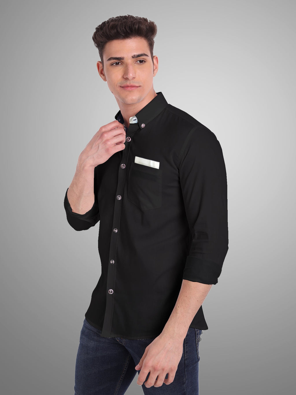 Men's Casual Full Sleeve Silver Button Shirt in White by BLUE ROBED, fit view