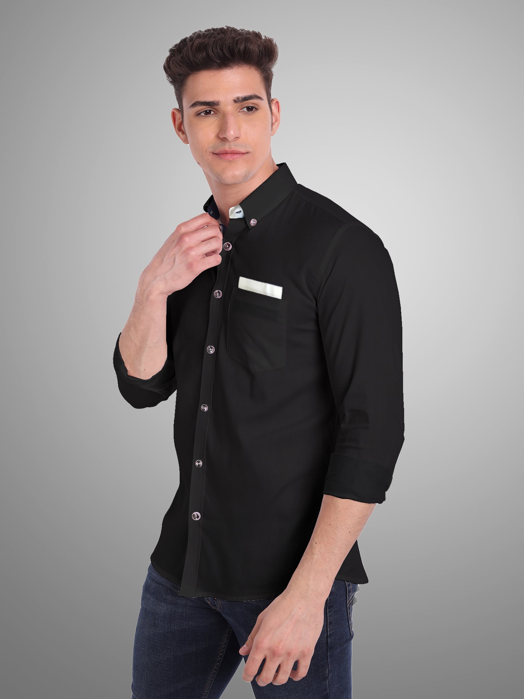 Men's Casual Full Sleeve Silver Button Shirt in White by BLUE ROBED, fit view