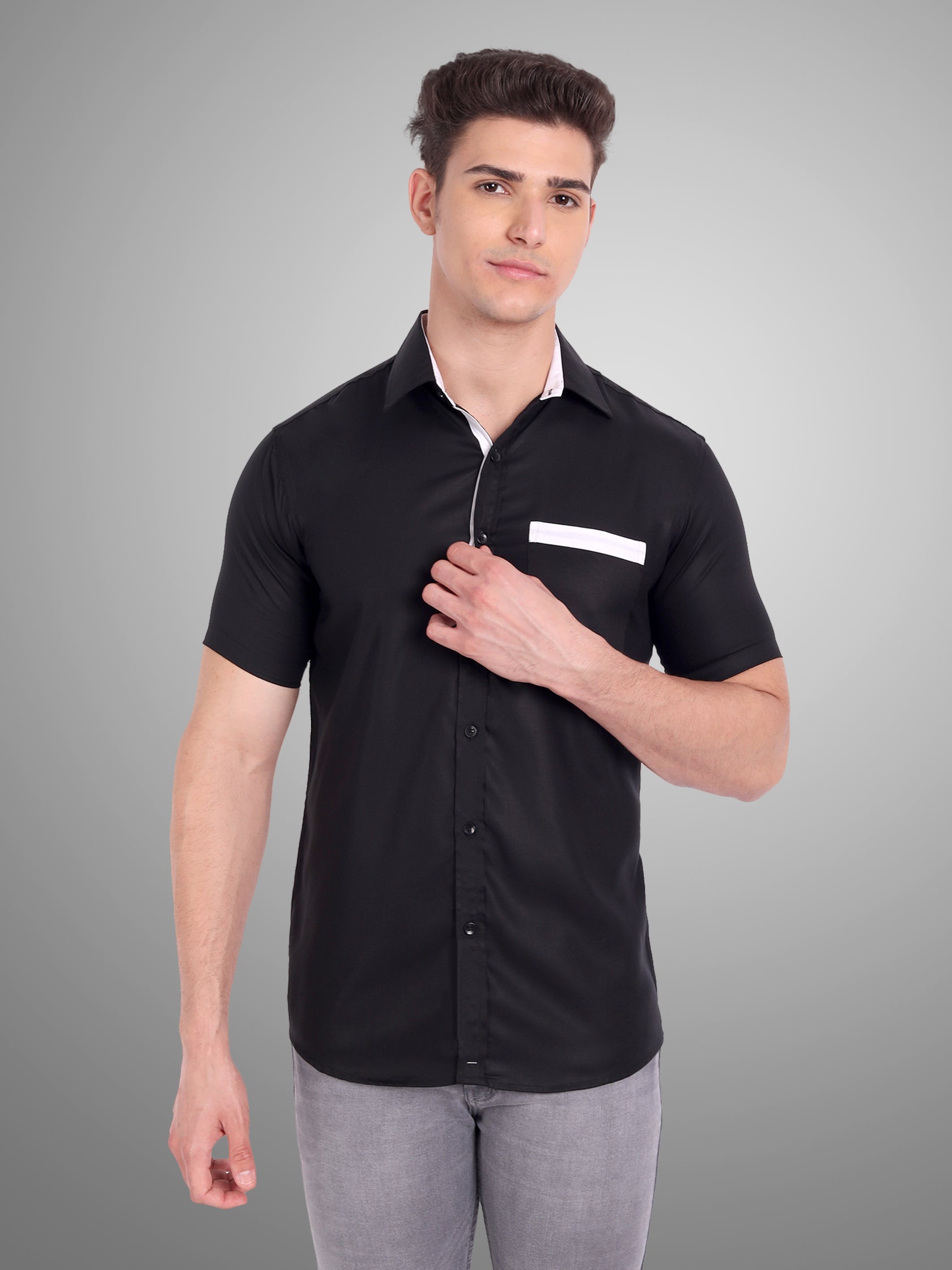 Men's Casual Half Sleeve Silver Button Shirt in Black by BLUE ROBED, front view