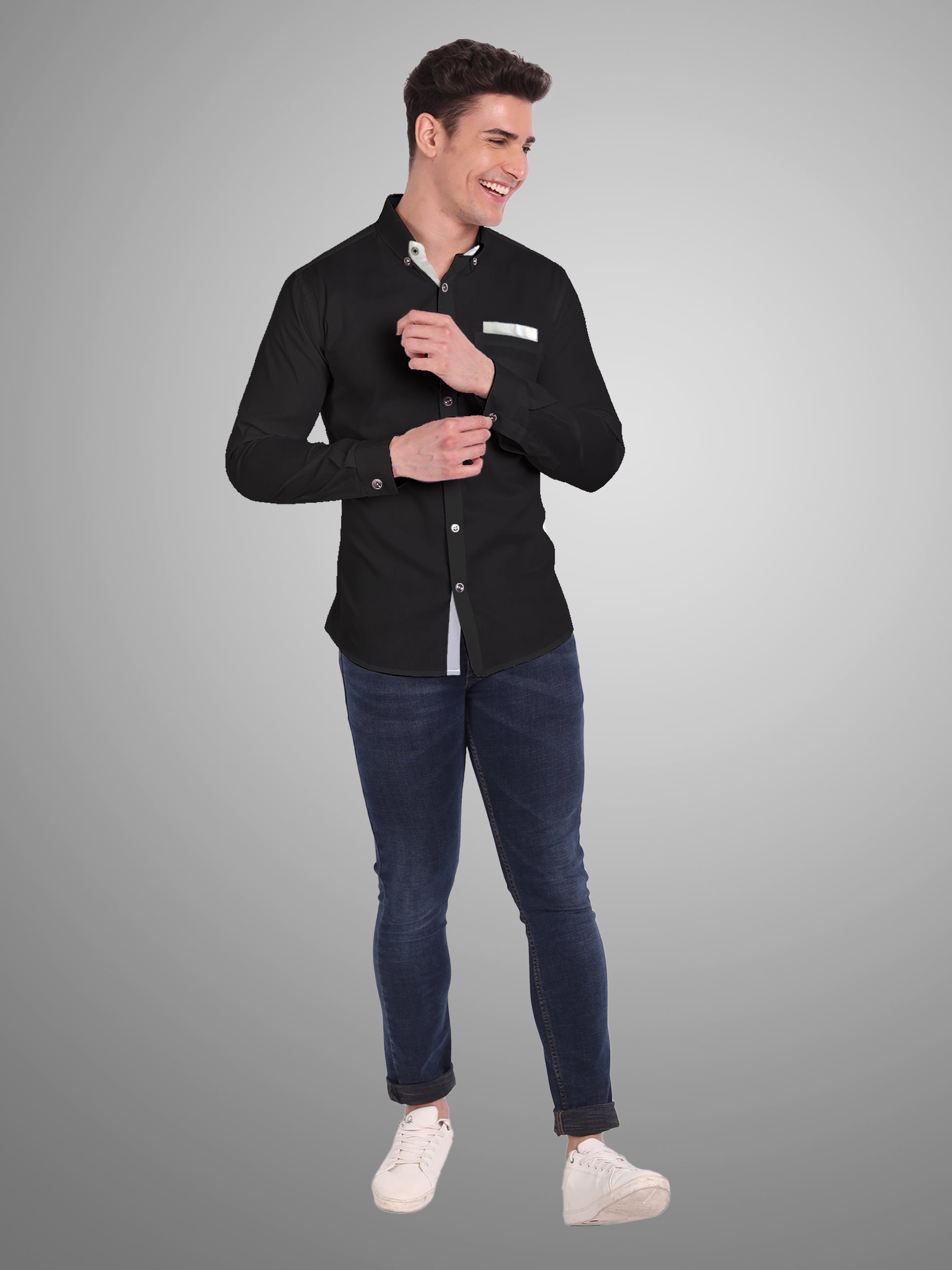 Men's Casual Full Sleeve Silver Button Shirt in White by BLUE ROBED, front view