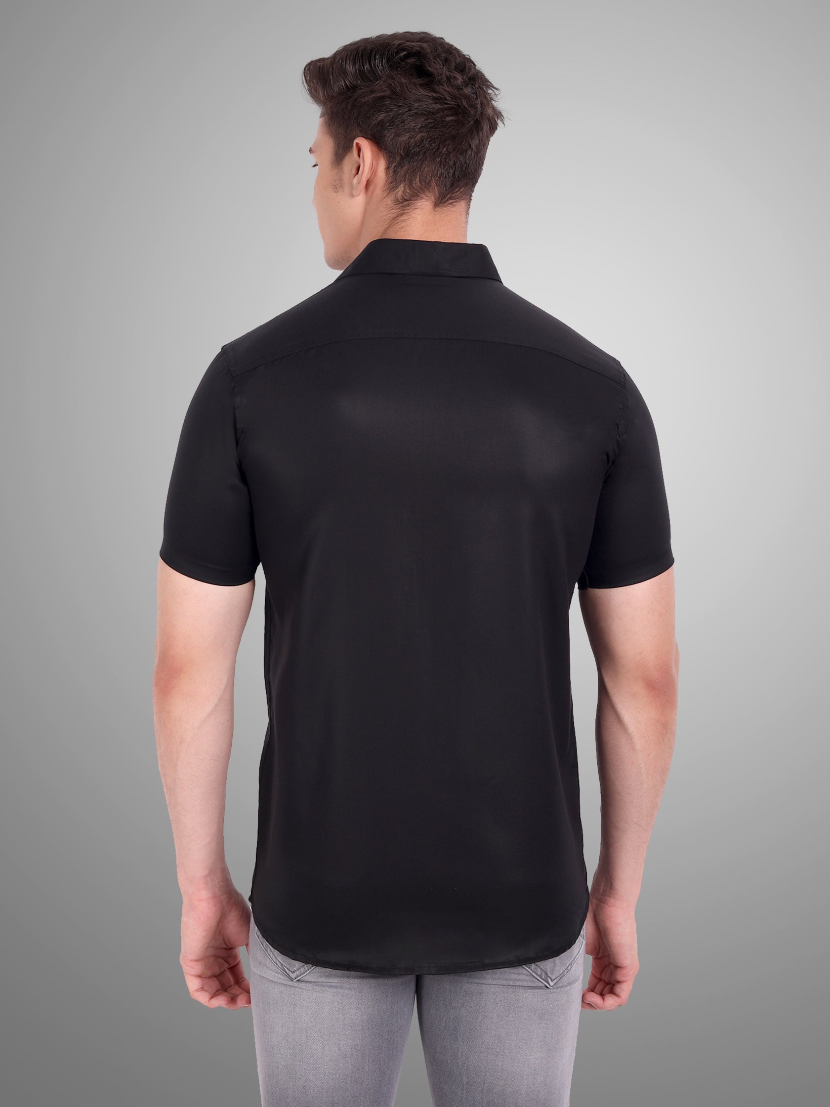 Men's Casual Half Sleeve Silver Button Shirt in Black by BLUE ROBED, back view