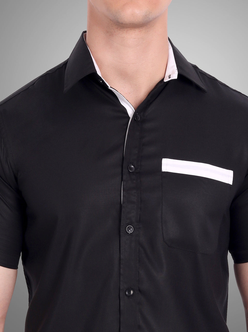 Men's Casual Half Sleeve Silver Button Shirt in Black by BLUE ROBED, detail view