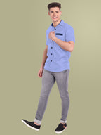 Men's Casual Half Sleeve Silver Button Shirt in Black by BLUE ROBED, back view