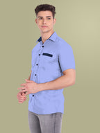 Men's Casual Half Sleeve Silver Button Shirt in Black by BLUE ROBED, style view