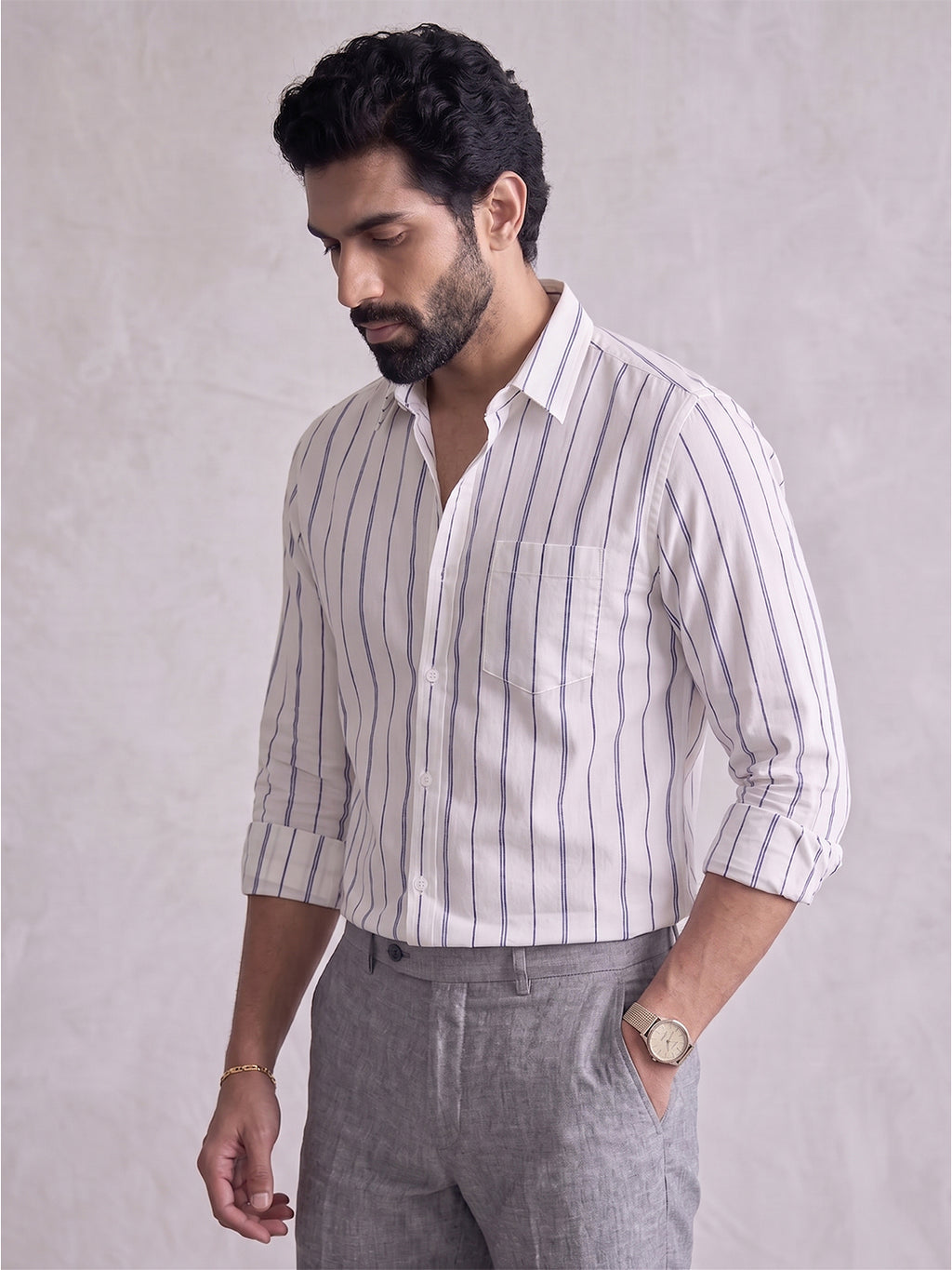 Men’s Pure Cotton White & Blue Vertical Striped Full-Sleeve Shirt