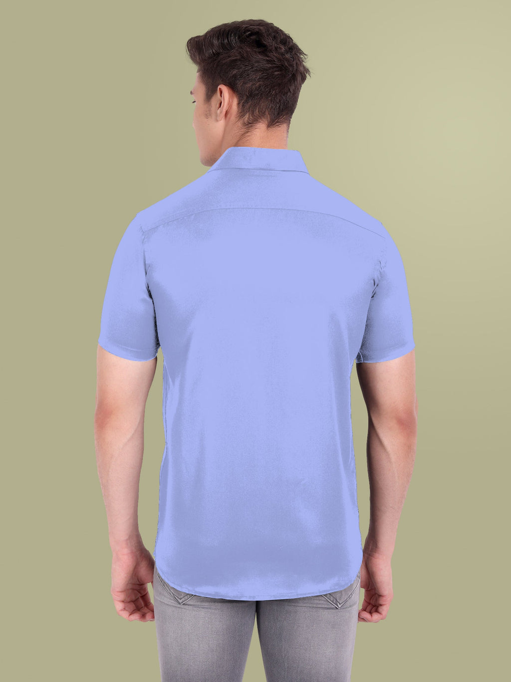 Men's Casual Half Sleeve Silver Button Shirt in Black by BLUE ROBED, fit view
