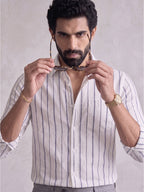 Men’s Pure Cotton White & Blue Vertical Striped Full-Sleeve Shirt