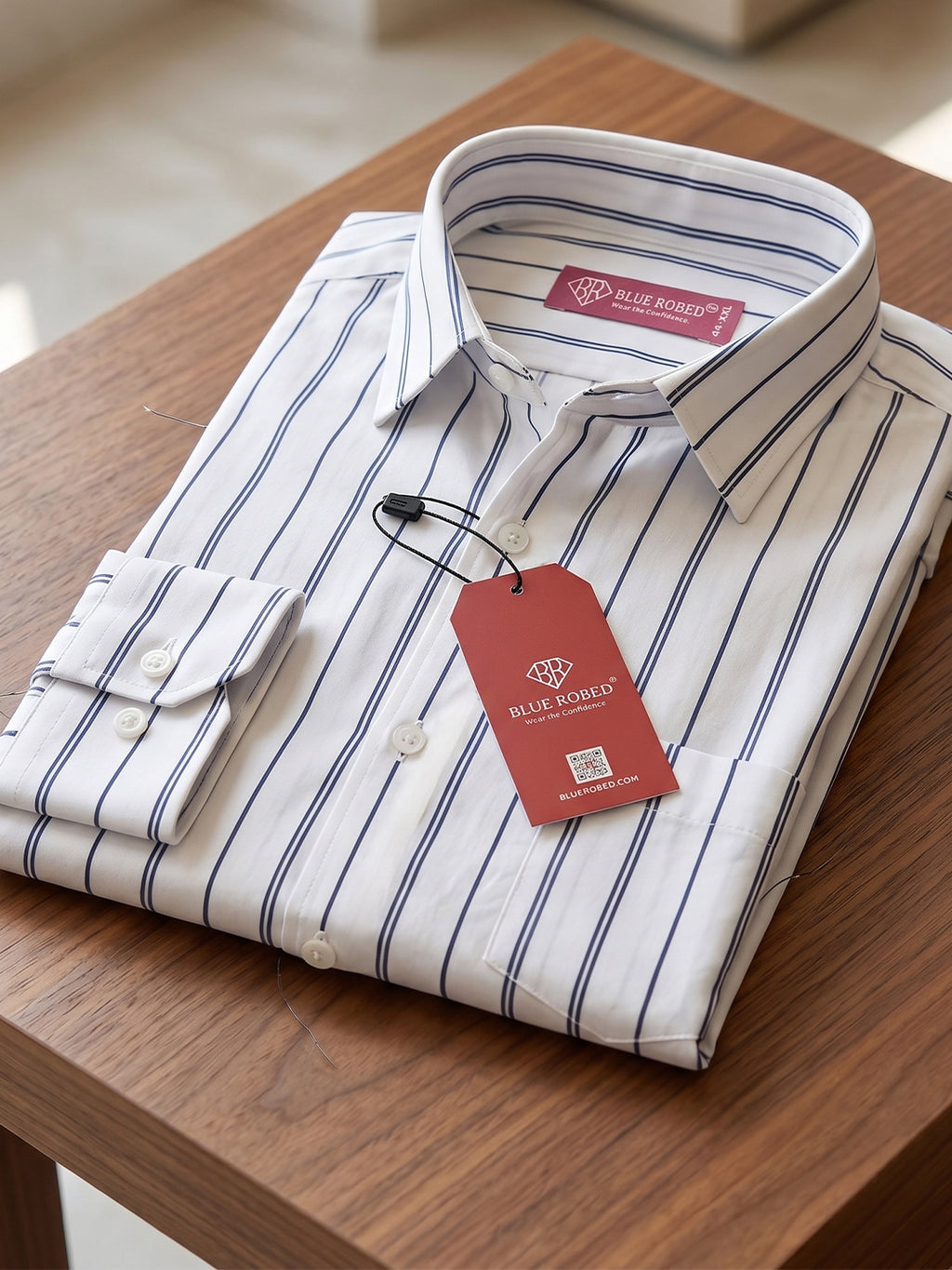 Men’s Pure Cotton White & Blue Vertical Striped Full-Sleeve Shirt