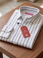 Men’s Pure Cotton White & Blue Vertical Striped Full-Sleeve Shirt