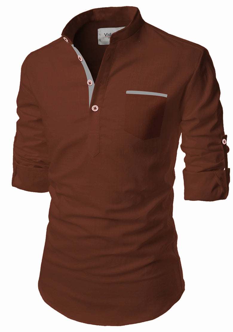 BLUE ROBED men's Casual Slim Fit Full Sleeve Pocket Contrast Kurta in Brown view 15