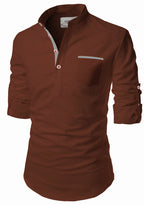 BLUE ROBED men's Casual Slim Fit Full Sleeve Pocket Contrast Kurta in Brown view 15