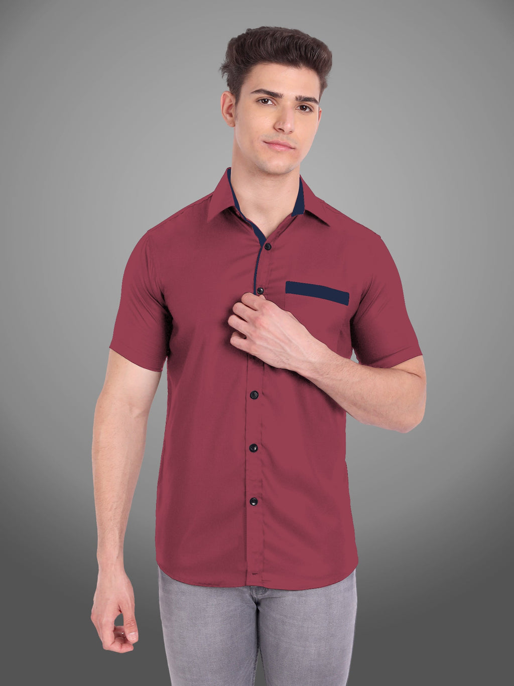 Men's Casual Half Sleeve Silver Button Shirt in Black by BLUE ROBED, side view