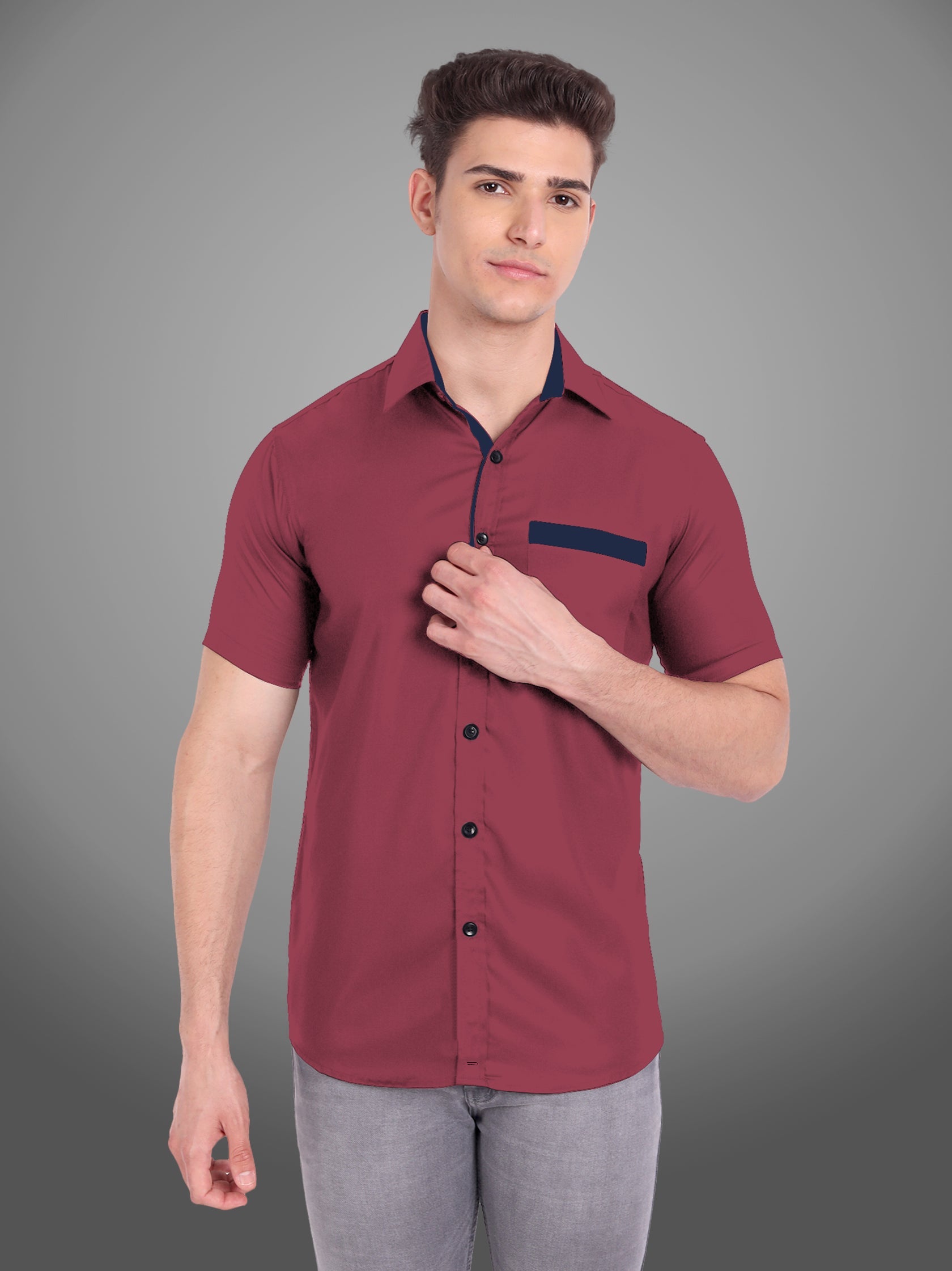 Men's Casual Half Sleeve Silver Button Shirt in Black by BLUE ROBED, side view