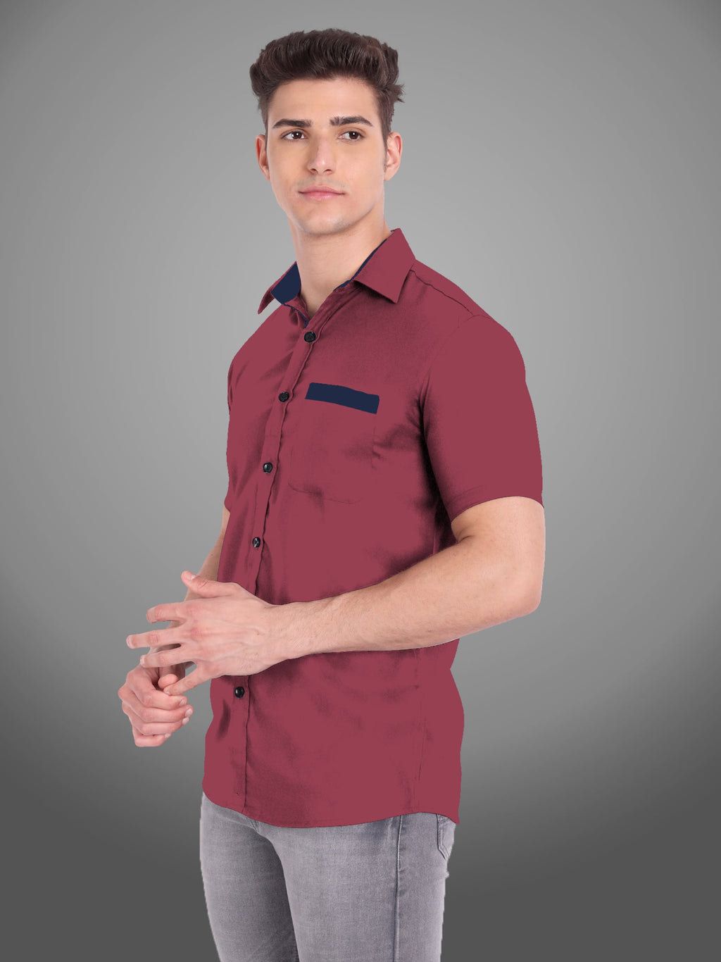 Men's Casual Half Sleeve Silver Button Shirt in Black by BLUE ROBED, back view