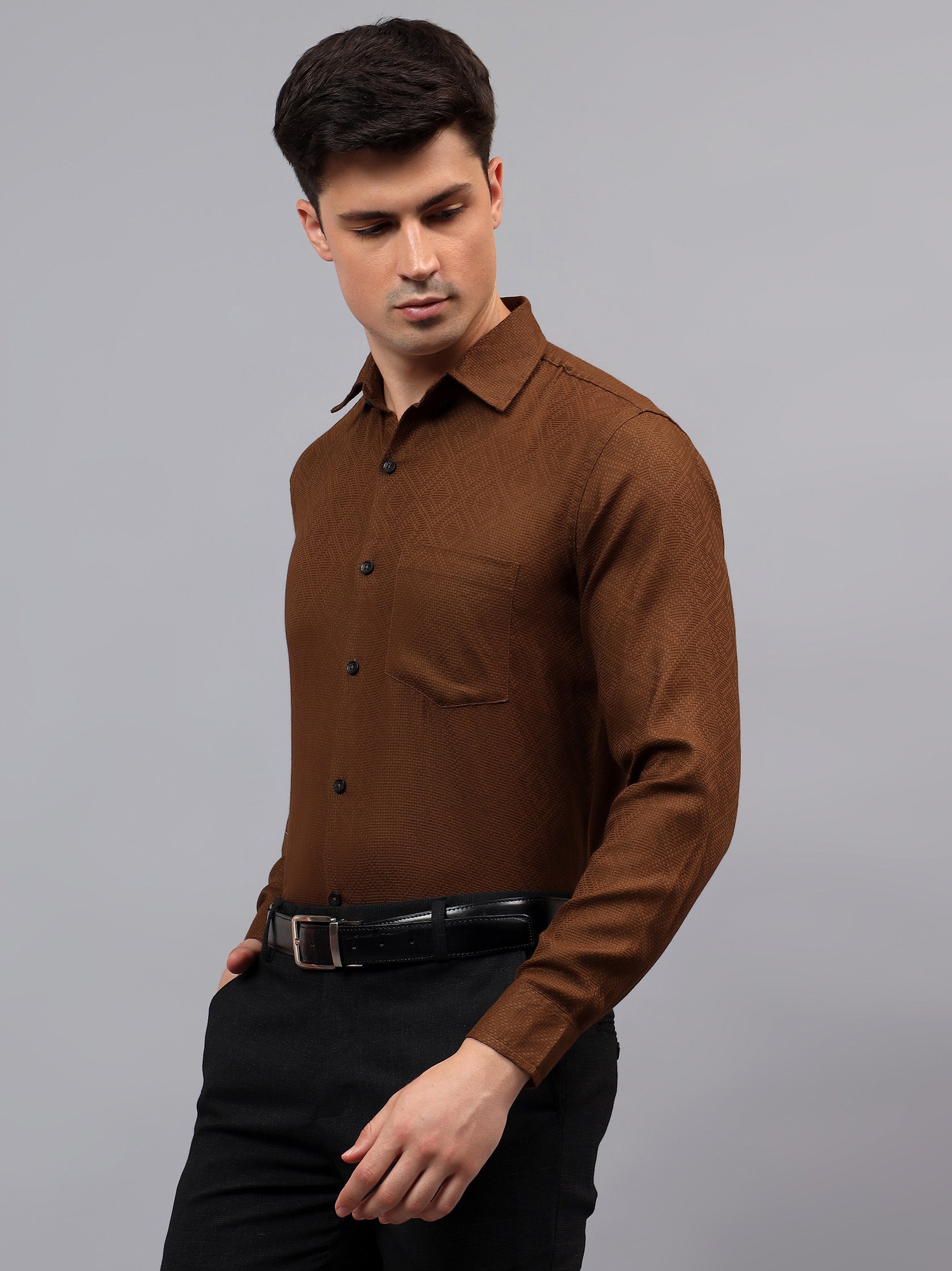 Men's Full Sleeve Spread Collar Premium Casual Shirt for Men in Black by BLUE ROBED, front view